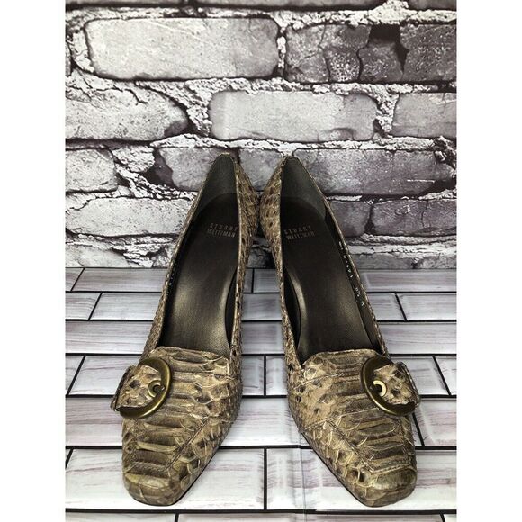 Stuart Weitzman Brown Taupe Leather Python Square Toe Buckle Heels Women Sz 8.5M - Picture 7 of 16